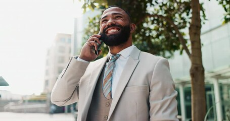 Aufkleber - Happy, businessman and phone call in city for conversation, communication or networking. Young man or employee talking with smile on mobile smartphone for friendly outdoor discussion in an urban town