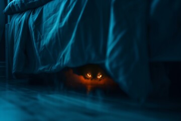 mysterious cat eyes glowing under bed
