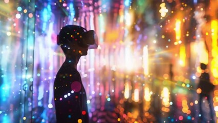 Canvas Print - A person is standing in front of a colorful wall with a virtual reality headset on. The scene is set in a futuristic environment with bright lights and a sense of wonder