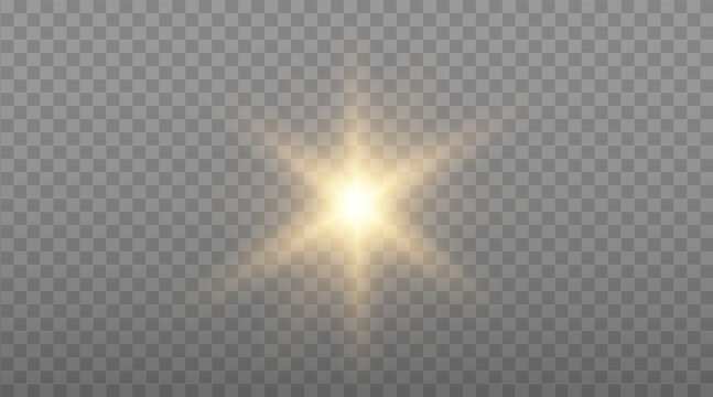 Vector sun with rays and glow on transparent like background. Includes clipping mask. Vector yellow sun with light effects. 