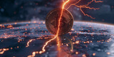 Fototapeta  - Electrifying moment of a Bitcoin coin amidst a storm, representing the BTC halving event in the digital currency world