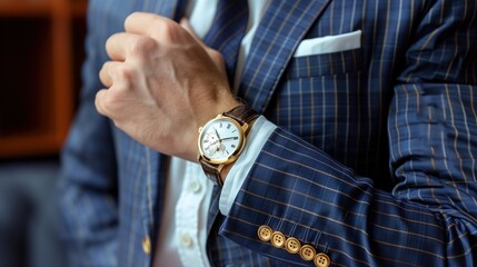 Wall Mural - Elegant man in blue suit, business man's hand with fashion classic gold watch