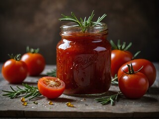 Homemade tomato sauce in a mason jar surrounded by fresh tomatoes and rosemary, symbolizing home cooking