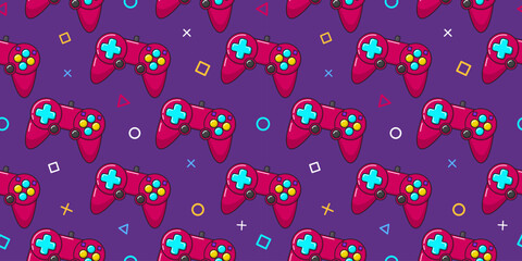 Wall Mural - Vector gamer seamless pattern. Gamepad controller on violet background. Gaming joysticks icons in doodle style. Wallpaper, print, textile, fabric, wrapping. Computer game banner.