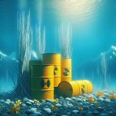 Yellow barrels for radiation hazard waste at the bottom of the ocean. Concept water radioactive pollution.