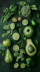 Wall Mural - Various green fruits and vegetables on a dark green background, top view, flat lay