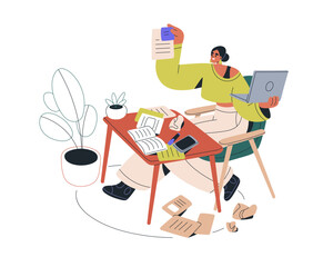 Poster - Creative work in mess, chaos. Author, screenwriter creating script, sitting at messy desk with computer and papers. Creativity concept. Flat graphic vector illustration isolated on white background