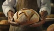 realistic bread in the hands of an old manual worker