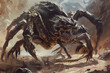 Dark and moody magic the gathering art of a massive scorpion with two wolf.