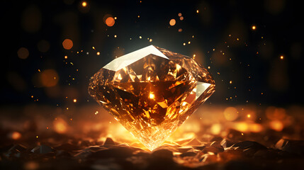 Wall Mural - Closeup of a yellow gemstone diamond surrounded by orange sparks isolated on dark background