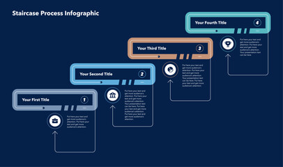 Poster - Staircase process infographic template with four steps - dark version. Flat design with minimalistic icons and place for your texts.