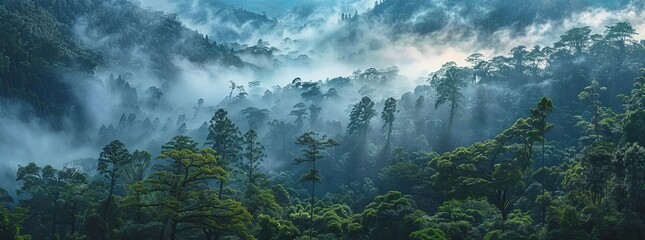 A panoramic view of the dense forest with misty clouds rising from its canopy