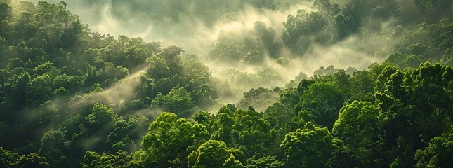 Wall Mural - A panoramic view of the dense forest with misty clouds rising from its canopy