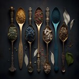 Fototapeta Konie - Assortment of dry tea in vintage golden spoons spices india curry, turmeric, coriander, cayenne pepper,spoon,kitchen with black background seasoning food design indian asian Generative AI 