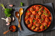 © myviewpoint - Albondigas, mexican meatballs in dish, top view