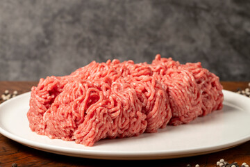 Wall Mural - Ground beef. Butcher products. Fresh minced meat on dark background. Close up