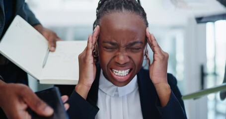 Wall Mural - Woman, overwhelmed and stress with hands in office for phone call, documentation and busy with headache. African attorney, lawyer and person with group of staff with notebook, smartphone and chaos