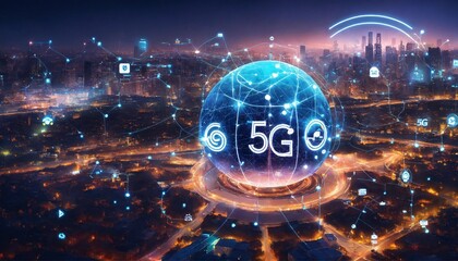 Wall Mural - In the center of the poster, we see a huge 5g signal icon, with a huge network of iot devices in the background, including smart home devices, smart city infrastructure