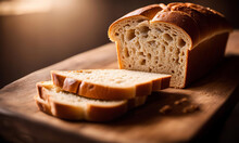 Loaf Of Bread With Cut Slices On A Wooden Board. Selective Focus.