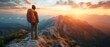 hiker in vibrant attire admires the sunrise over mountains, encapsulating the essence of adventure, travel, and the great outdoors