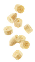 Wall Mural - falling banana slice, peeled fruit, isolated on white background, full depth of field