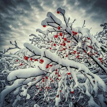 Snow-covered Rowan Branches With Red Berries In The Winter.