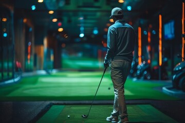 Wall Mural - Professional male golfer holding club playing golf indoors on golf simulator concept