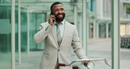 Poster - Happy, businessman and phone call with bicycle for city, job opportunity or conversation. Young man or employee talking and walking with smile on mobile smartphone for outdoor trip or business travel