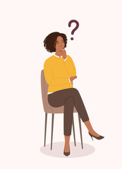 Wall Mural - One Curious Black Businesswoman Sitting On Chair And Thinking Question With Her Hand On Chin. Full Length.