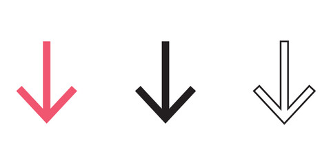 Poster - Down arrow icon of 3 types: pink color, black and white, outline. Isolated vector sign symbol.
