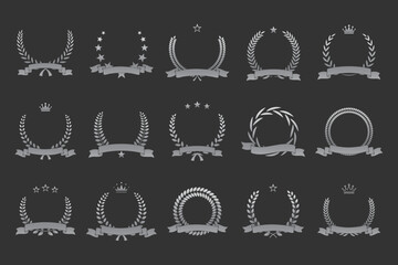 Wall Mural - silver laurel wreath, winner award set vector illustration. silvery branch of olive leaves or stars 