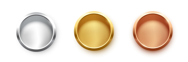 Wall Mural - award golden, silver and bronze blank medals 3d vector realistic illustration. first, second and thi