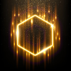 Poster - gold hexagon shape border with flash rays and sparks vector illustration. realistic 3d shiny golden 