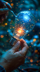 Poster - Innovative Professional Generating Ideas with Lightbulb Icon on Digital Interface Using Smartphone and Stylus