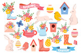 Fototapeta Dinusie - Easter set in hand drawn style. Vector. Labels, flag, rabbit, eggs, flowers, envelopes, birdhouses. Hello spring collection. Pastel and modern trendy vibrant. Clipart. Traditional bunny. Modern doodle