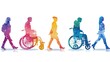 Colorful silhouettes of diverse people walking and in wheelchairs.