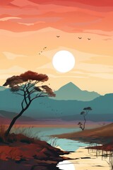 Wall Mural - beautiful nature landscape with big brown rocks by creek illustration