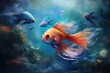 Tropical colorful fishes swimming in the ocean. Ai Generative