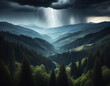 Lightnings and Rain over Wooded Mountains. AI Generated