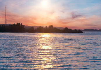 Canvas Print - River sunset view with sunlight path on water surface(Dnieper, Ukraine).