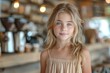 A cute 10-year-old girl in a summer sundress drinks coffee in a coffee shop. Looking away from the camera. no inscriptions, no logos.