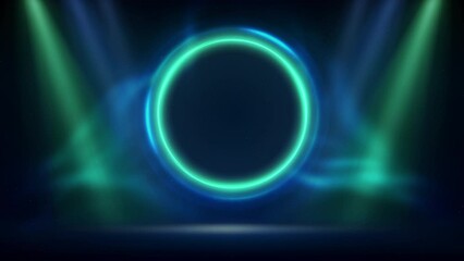 Wall Mural - Blue green animated spotlight backdrop. Stage, green blue circular lighting background. Shining light ring. Glowing circle. Stage backdrop. Background for products. Place for text. Seamless loop