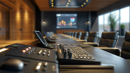 Close of up table with equipment in conference room.