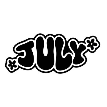 July Typography Cute Funky Style With Flower Decoration In Black And White Colors