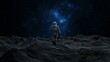 Astronaut walks on desolate moon, nebulous cosmic clouds and stars swirling in the space above. 3d render
