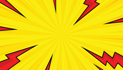 Pop art comic background with thunder flash. yellow comic design with thunder background, comic illustration in pop art style. cartoon frame, retro cover halftone effect