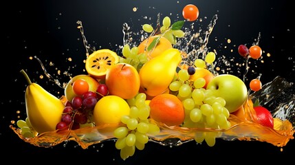 Wall Mural - Fruit splashing into water on a black background. 3d rendering