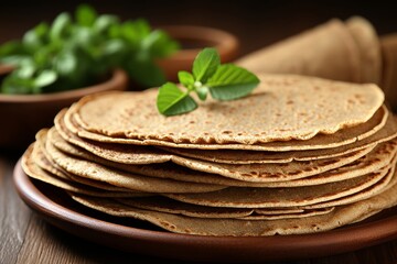 Wall Mural - Buckwheat crepes versatile gluten free delight for sweet or savory fillings on rustic wooden table