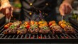 Close-up of juicy, grilled steak seasoned with fresh herbs, accompanied by a vibrant skewer of cherry tomatoes, sizzling over an open flame on a charcoal grill, 