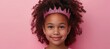 Young girl with curly hair in pink tia on pink background, closeup portrait of adorable child model